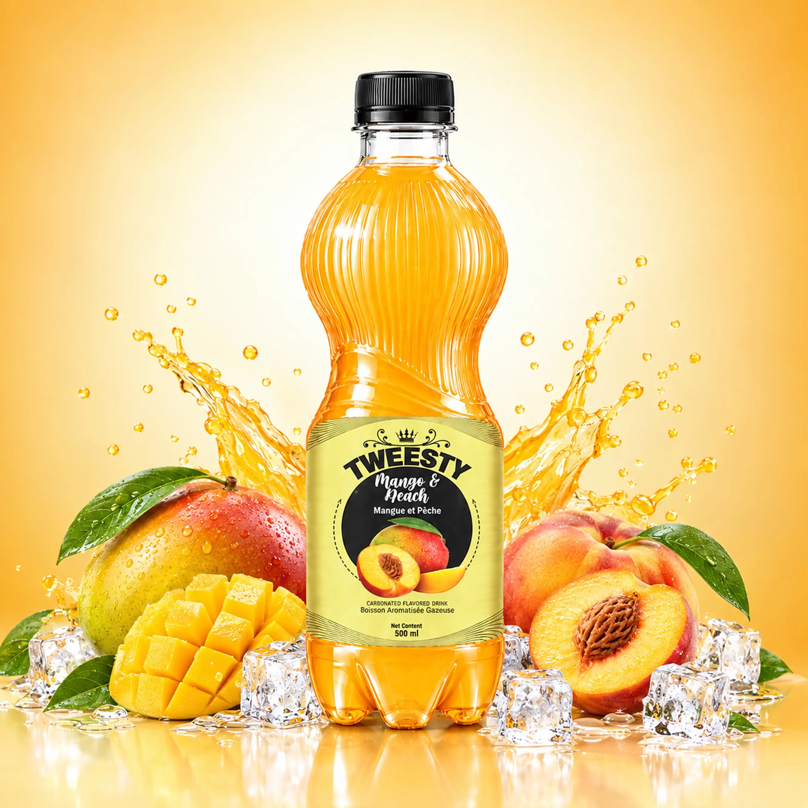 TWEESTY Mango and Peach carbonated flavoured drink 500ml PET bottle with mango, peach, ice and splash